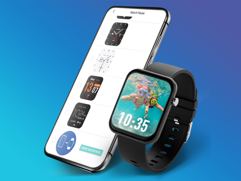 series 13 smart watch and smart phone showing photo dial on blue background