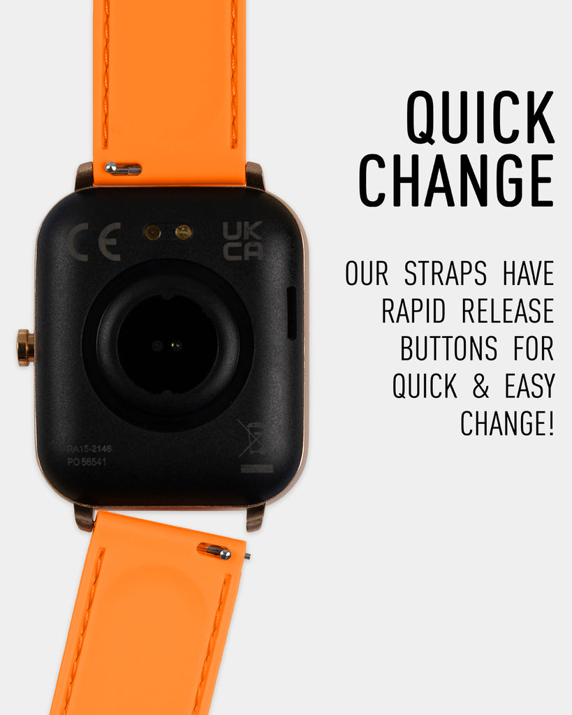 A Reflex-Active Smart Watch with a 20mm Interchangeable Strap Pack - Blue, Black, & Orange that has a quick-release mechanism and says "quick change".