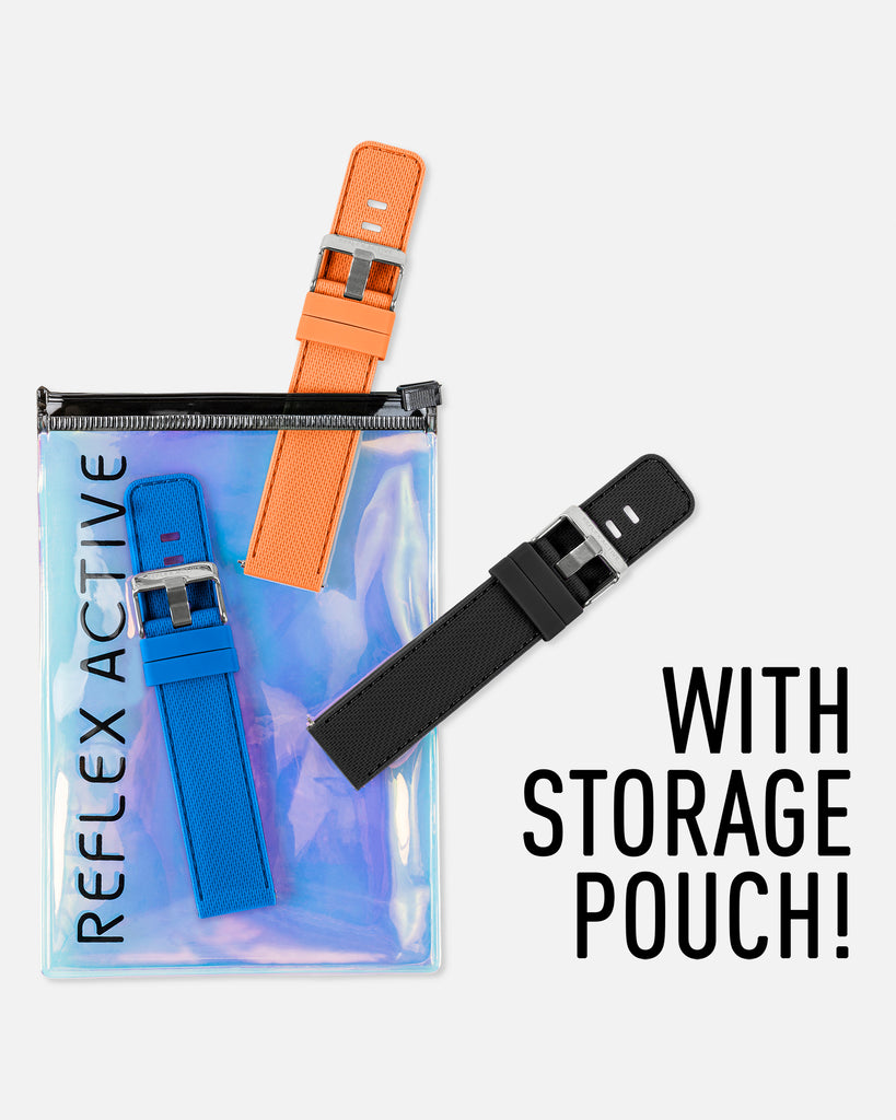 Two Reflex-Active 20mm Interchangeable Strap Packs - Blue, Black, & Orange with a quick-release mechanism in a storage pouch.