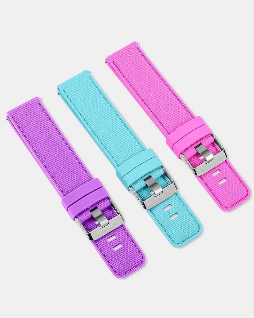 Three 20mm Interchangeable Strap Pack - Purple, Aqua & Pink silicone watch straps on a white surface by Reflex-Active.