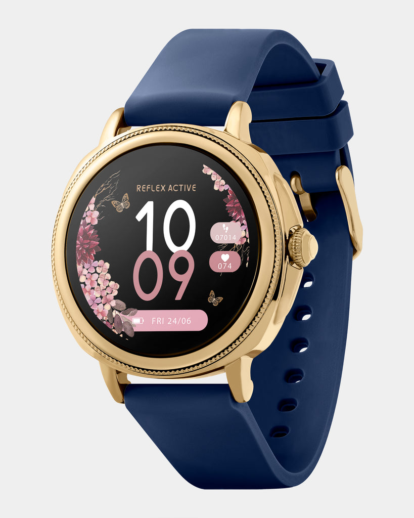 A sleek Reflex-Active smartwatch with a Series 25 Navy Gold Calling Smart Watch face and a blue strap.