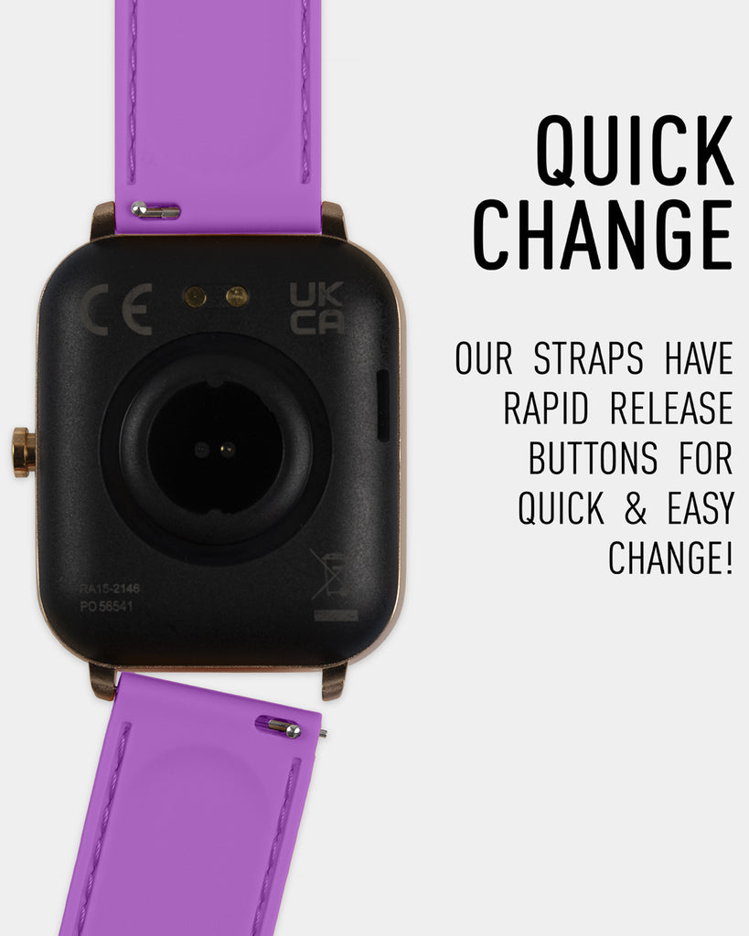 A Reflex-Active Smart Watch with a 20mm Interchangeable Strap Pack in Purple, Aqua & Pink that says quick change.