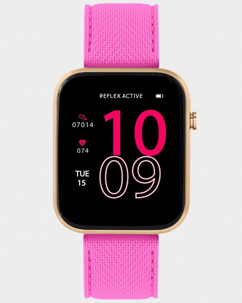 A pink Reflex-Active Apple Watch with 20mm Interchangeable Strap Pack - Purple, Aqua & Pink on a white background.