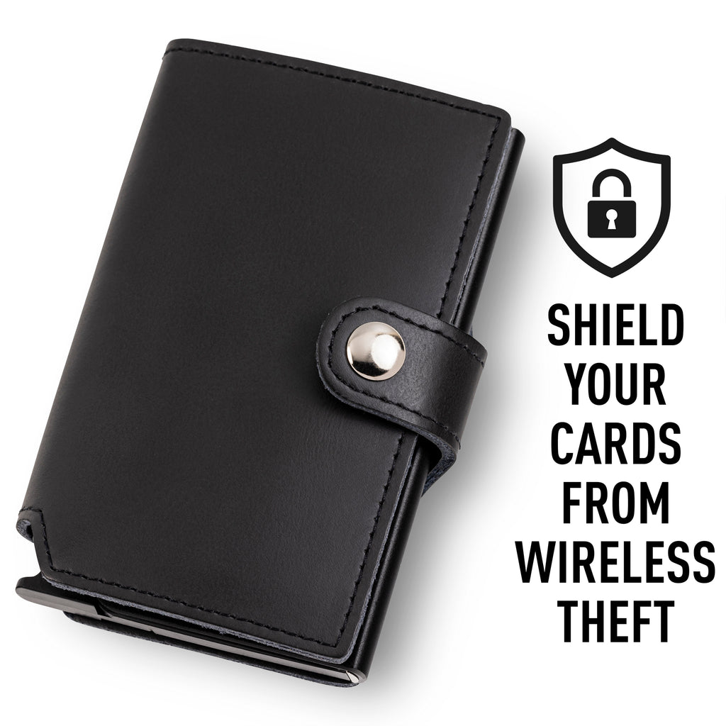 Black wallet with a metallic button on a white background, featuring text 'Shield your cards from wireless theft'.