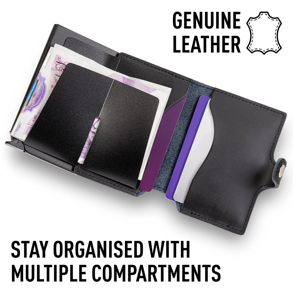 Black leather wallet with multiple compartments and money, text 'Genuine Leather' and 'Stay Organised with Multiple Compartments'.