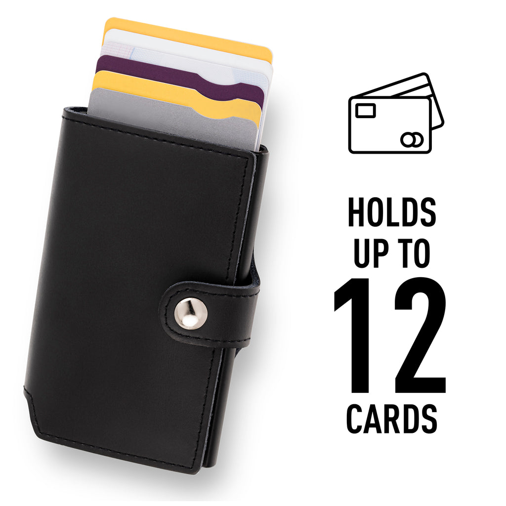 Black cardholder with colorful cards inside, labeled 'Holds up to 12 cards'.