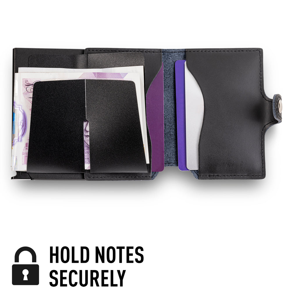 Black wallet with card slots and money clip on a white background