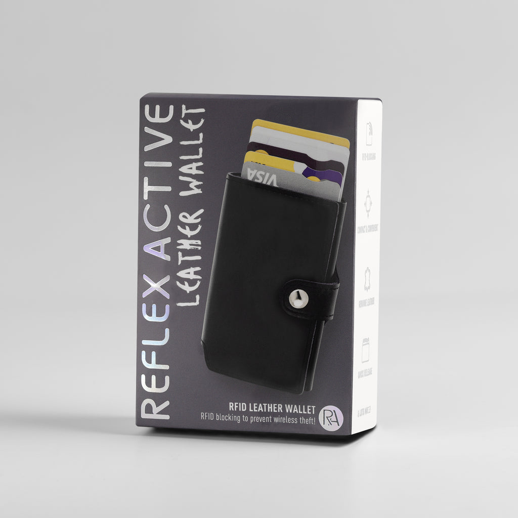 Black leather wallet with card slots on packaging against a gray background